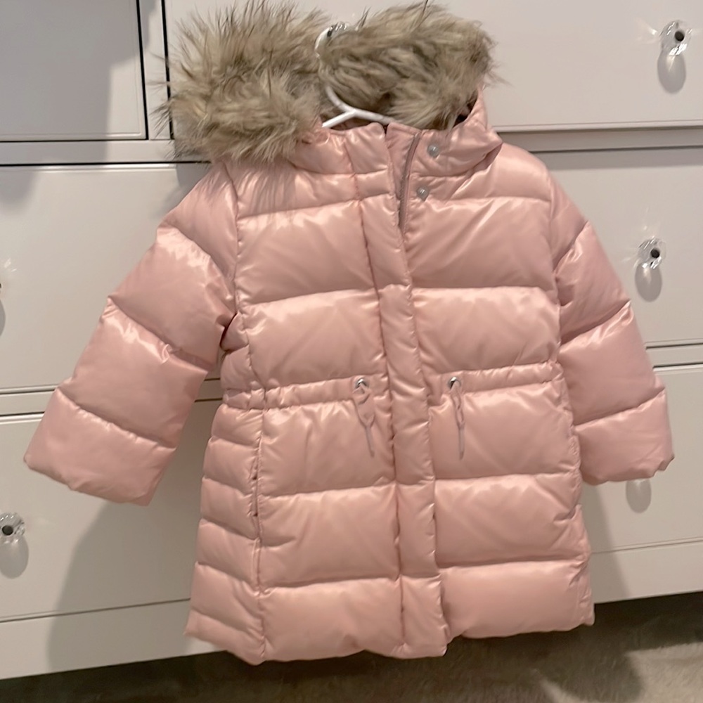 Toddler puffer jacket with detachable faux fur on hood.